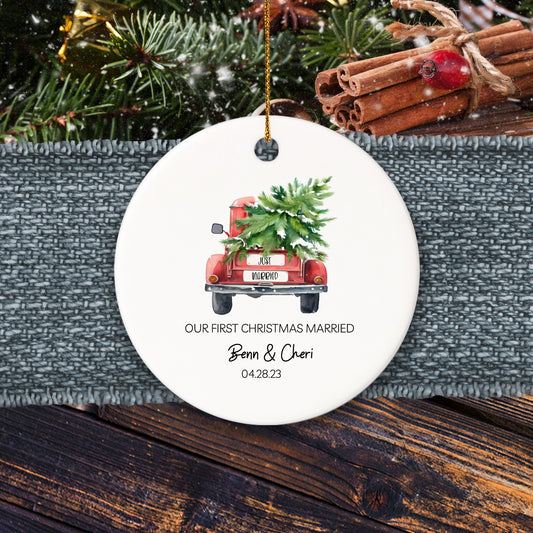 OUR FIRST CHRISTMAS | Personalized Circle Ornament (Red Truck)