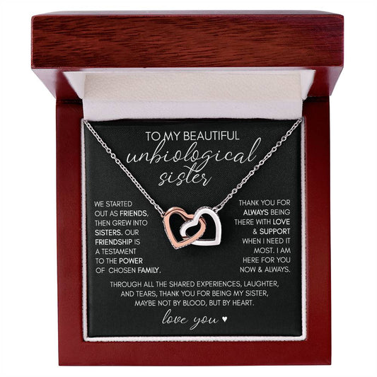 To My Beautiful UNBIOLOGICAL SISTER | Not by Blood, but by Heart - Interlocking Heart Necklace (BC)