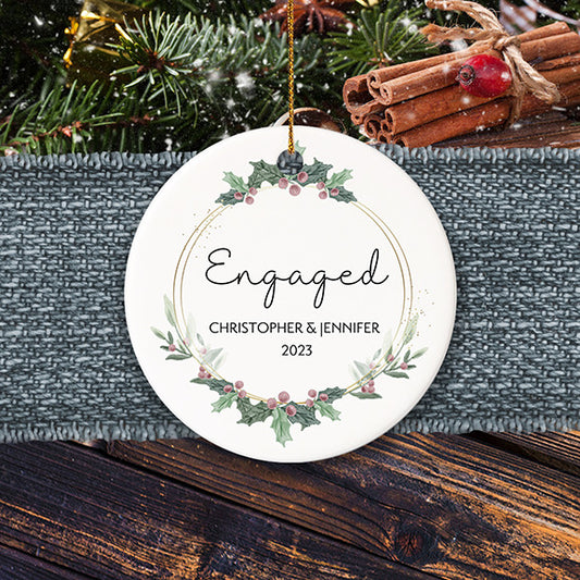 ENGAGED CHRISTMAS ORNAMENT | Ceramic Circle Personalized with Names & Year